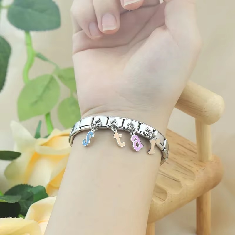 Italian Block Bracelet DIY Letter Pendant 304 Stainless Steel Jewelry Custom Italian Bracelet Unisex Block Bracelet Italian Style Bracelet Custom Letter Charm Stainless Steel Block Bracelet Italian C (82)