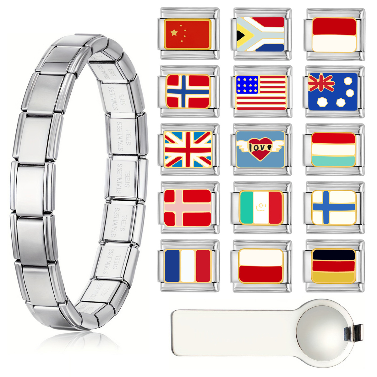 Italian Flag Charm Bracelet National Flag Bracelet Stainless Steel Flag Bracelet Custom Italian Bracelet DIY Flag Charm Bracelet Italian Module Bracelet Stainless Steel Charm Bracelet Custom National (7)