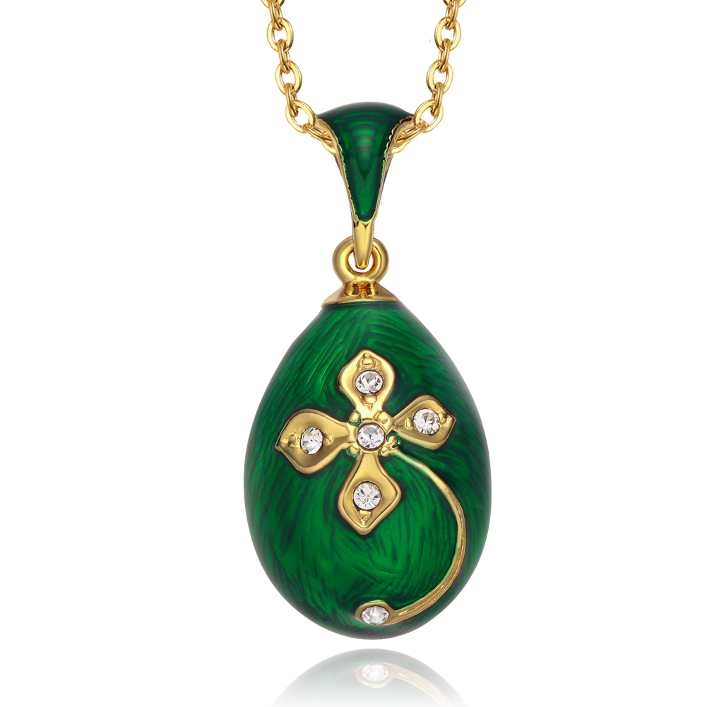 Lucky flower enamel egg pendant Red enamel egg necklace Gold tone crystal flower pendant (2)