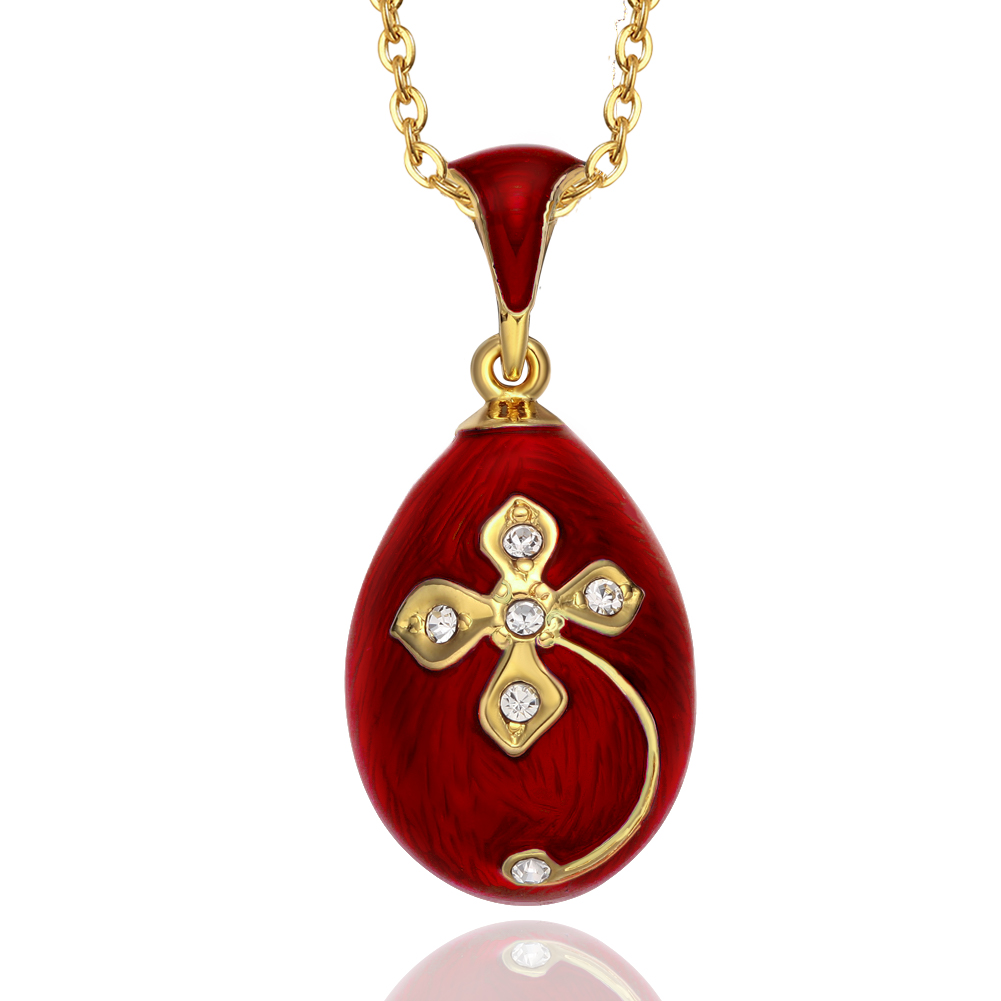 Lucky flower enamel egg pendant Red enamel egg necklace Gold tone crystal flower pendant (5)