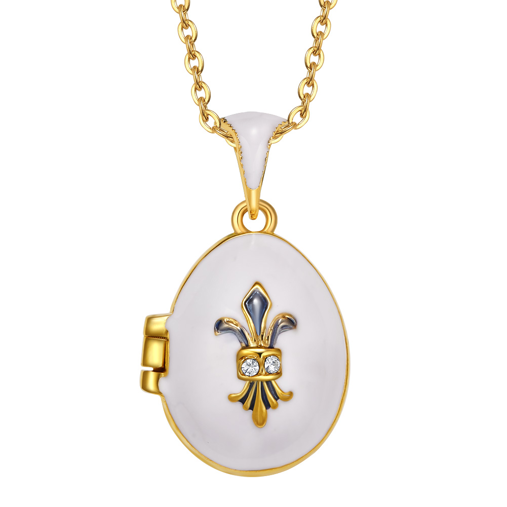 White pendant necklace Fleur-de-lis gold locket necklace Elegant Crystal white locket pendant locket necklace Classic hinged egg charm necklace Luxury white jewelry Unique Easter egg pendant Elegant Mother (1)