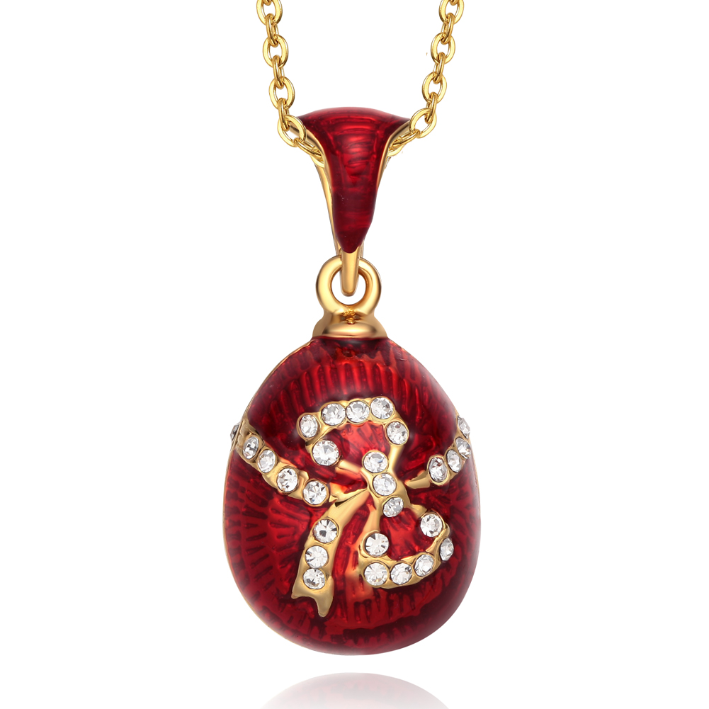 bowknot necklace Elegant gold-plated pendant Women's fashion necklace Enamel red egg charm necklace Crystal bow jewelry for women Vintage-inspired Fabergé egg pendant Holiday gift egg charm necklace (8)